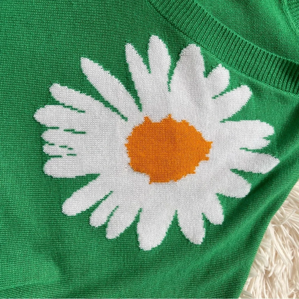 Laurie Felt Cashmere Blend Daisy Print Sweater Green long sleeve size M - Picture 2 of 10